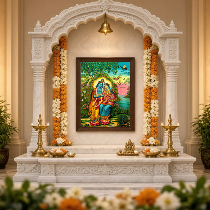 Immerse yourself in the serene beauty of this exquisite Pichwai artwork. Featuring the divine for Home Temple