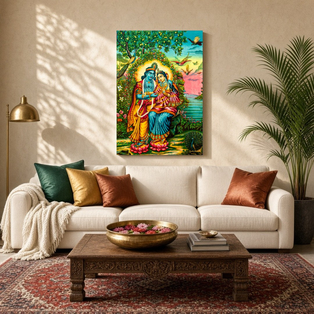 Immerse yourself in the serene beauty of this exquisite Pichwai artwork. Featuring the divine for Living Room