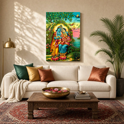 Immerse yourself in the serene beauty of this exquisite Pichwai artwork. Featuring the divine for Living Room