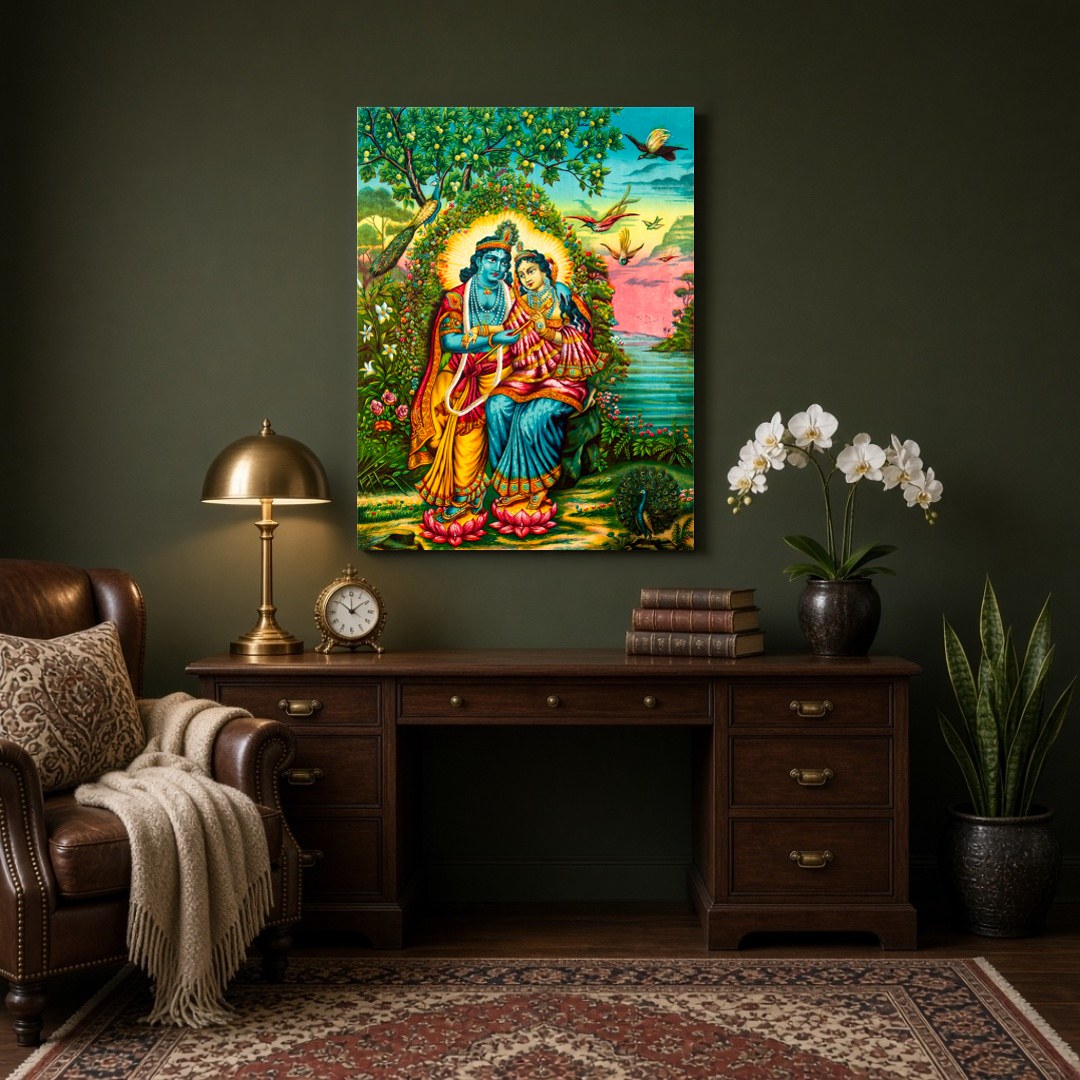 Immerse yourself in the serene beauty of this exquisite Pichwai artwork. Featuring the divine for Study