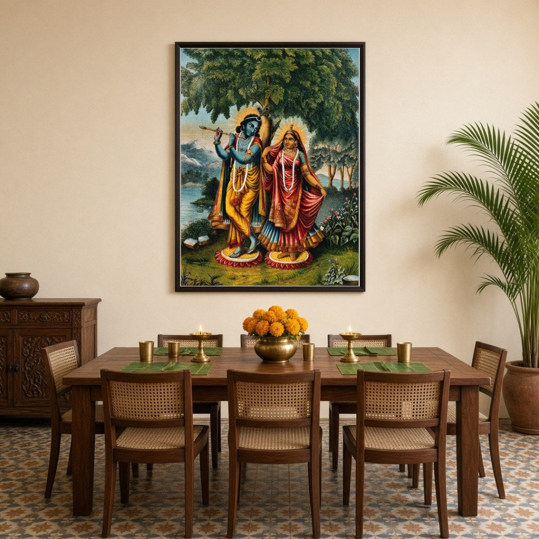 Capture the enchanting essence of divine love with this exquisite portrayal of Krishna and Radha for Dining
