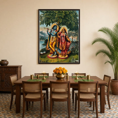 Capture the enchanting essence of divine love with this exquisite portrayal of Krishna and Radha for Dining