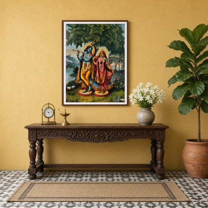 Capture the enchanting essence of divine love with this exquisite portrayal of Krishna and Radha for Entrance