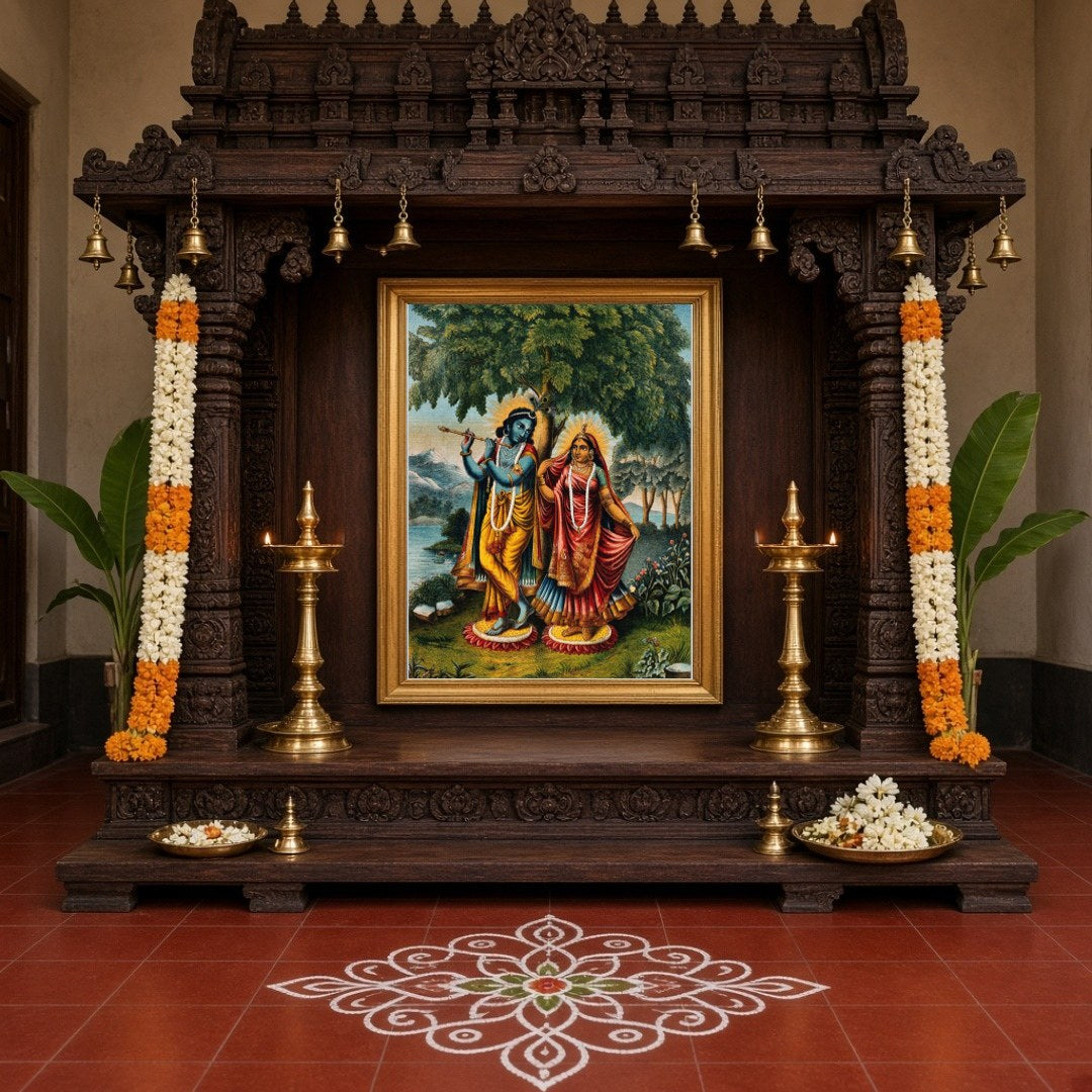 Capture the enchanting essence of divine love with this exquisite portrayal of Krishna and Radha for Home Temple
