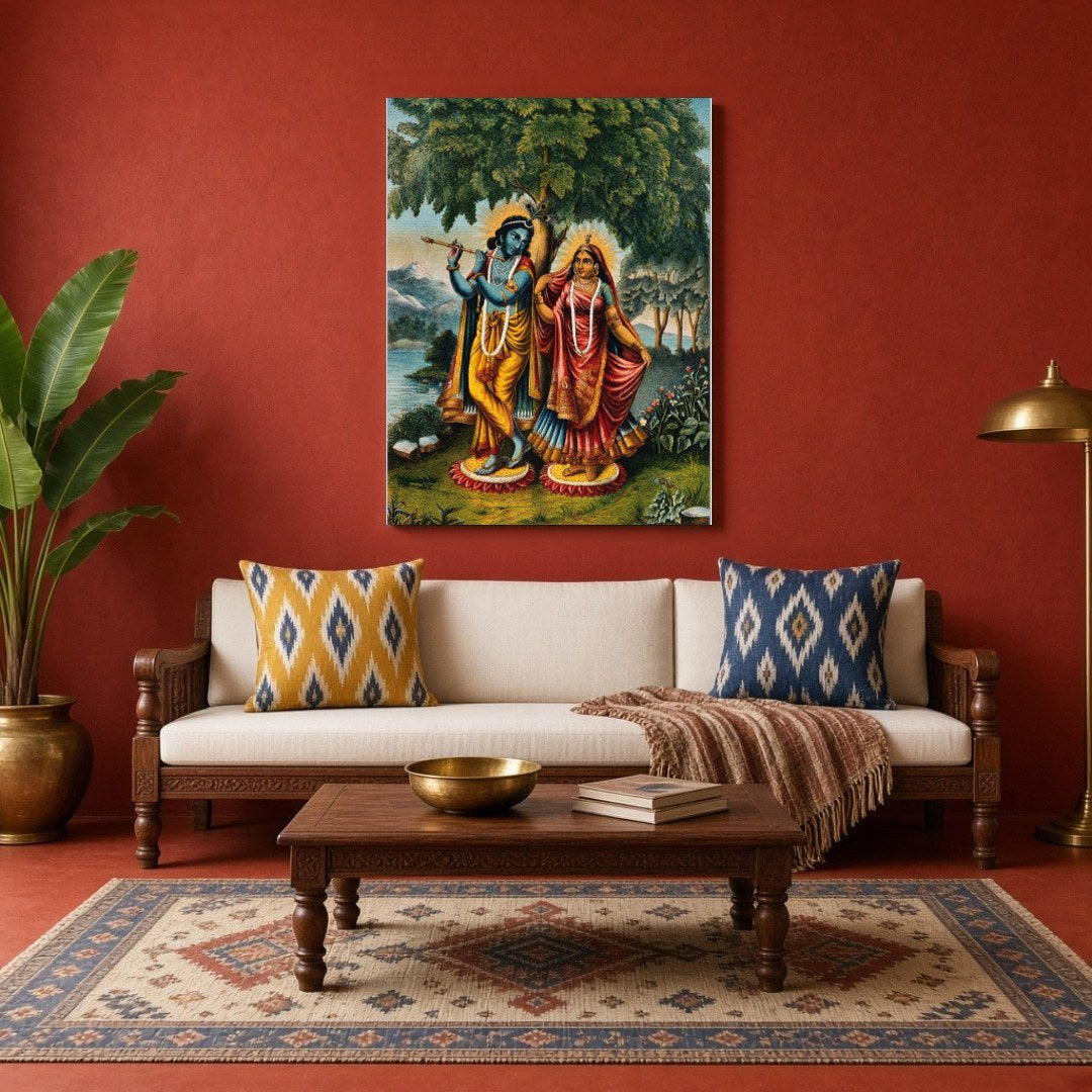 Capture the enchanting essence of divine love with this exquisite portrayal of Krishna and Radha for Living Room