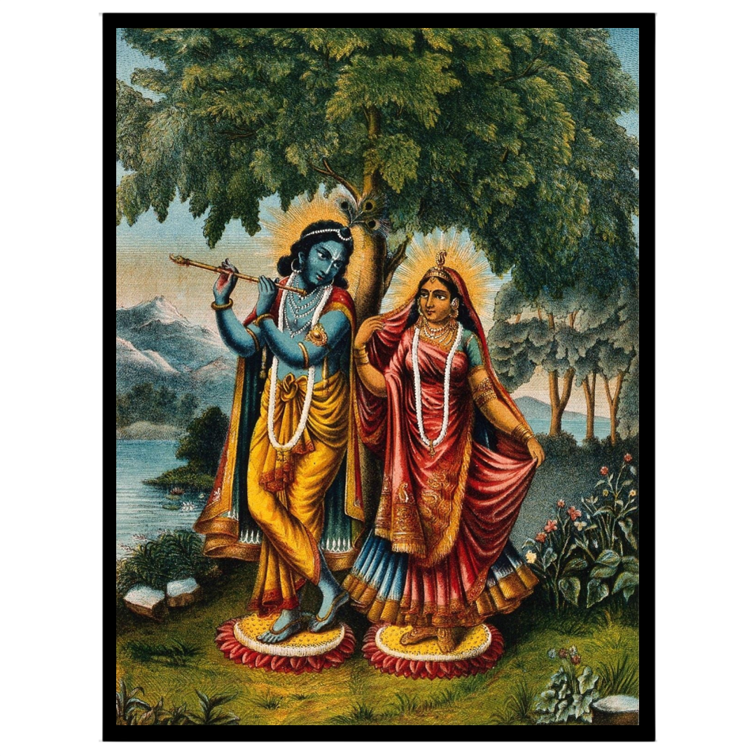 Capture the enchanting essence of divine love with this exquisite portrayal of Krishna and Radha for nook