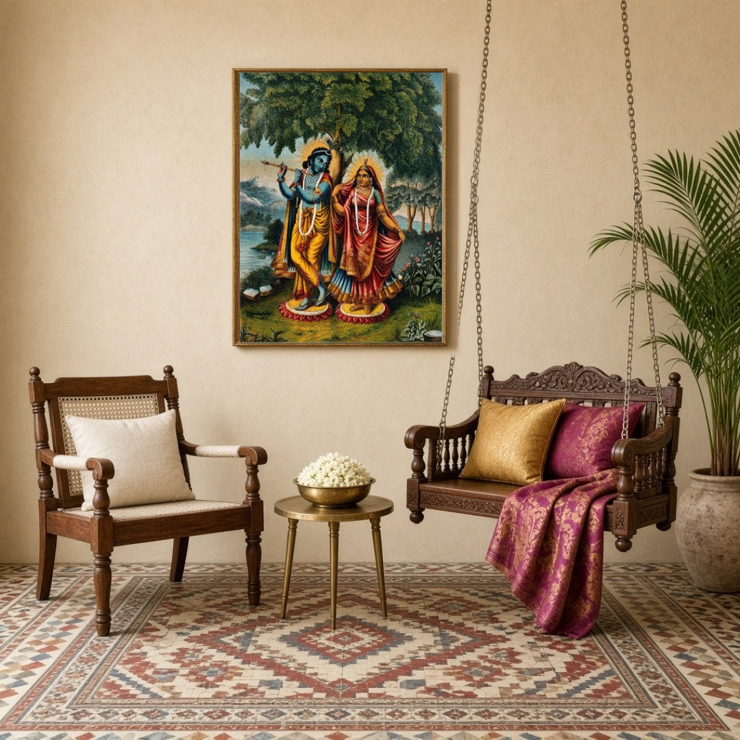 Capture the enchanting essence of divine love with this exquisite portrayal of Krishna and Radha for Sitting Lounge