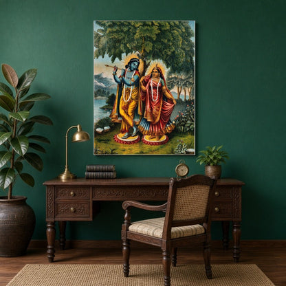 Capture the enchanting essence of divine love with this exquisite portrayal of Krishna and Radha for Study