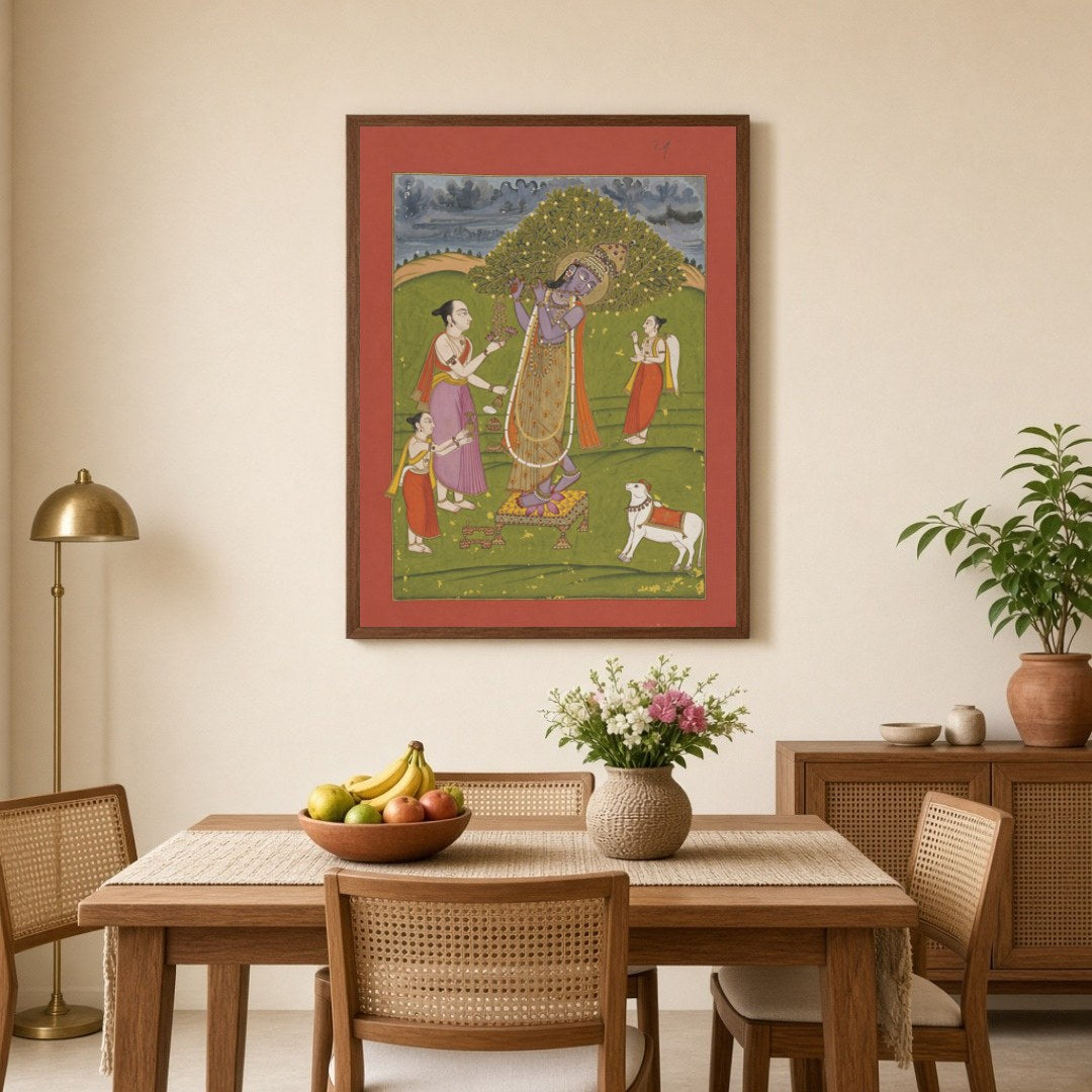 Immerse yourself in the divine atmosphere of this beautifully crafted Pichwai art print, where Lord for Dining