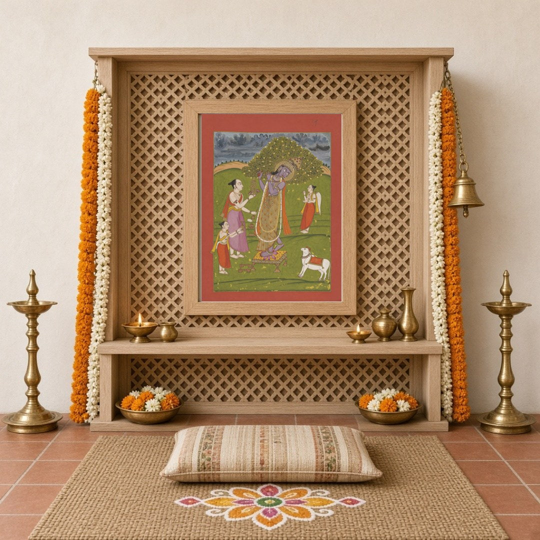 Immerse yourself in the divine atmosphere of this beautifully crafted Pichwai art print, where Lord for Home Temple