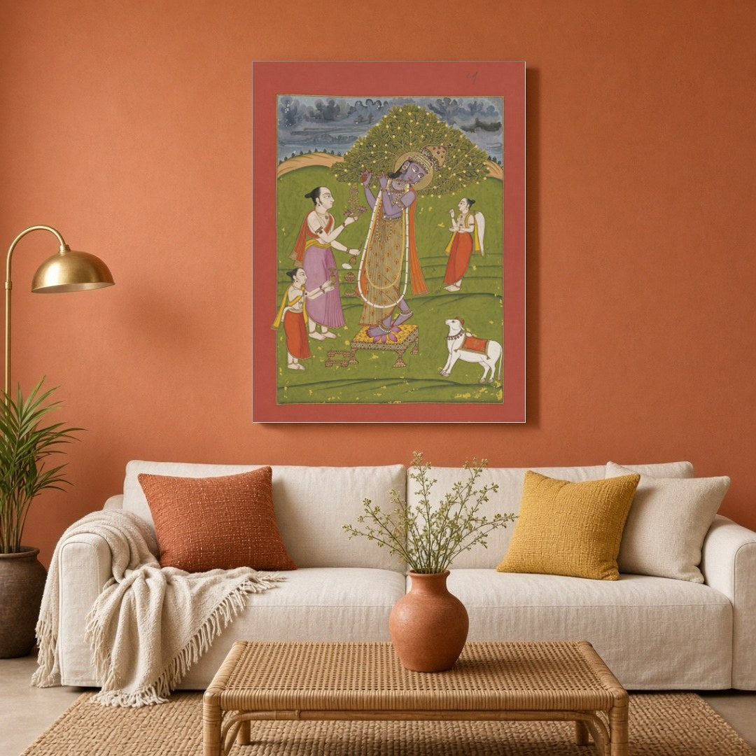 Immerse yourself in the divine atmosphere of this beautifully crafted Pichwai art print, where Lord for Living Room