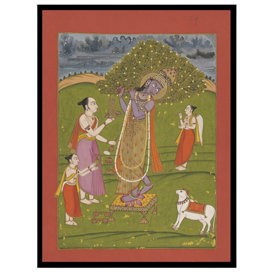 Immerse yourself in the divine atmosphere of this beautifully crafted Pichwai art print, where Lord for office