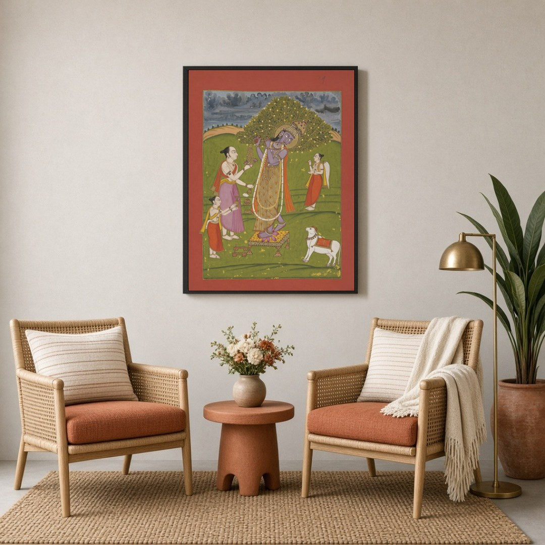 Immerse yourself in the divine atmosphere of this beautifully crafted Pichwai art print, where Lord for Sitting Lounge