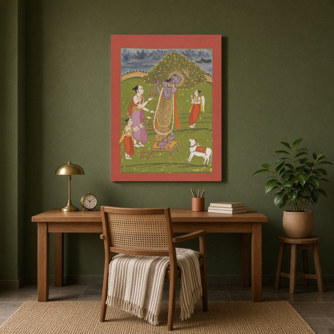 Immerse yourself in the divine atmosphere of this beautifully crafted Pichwai art print, where Lord for Study