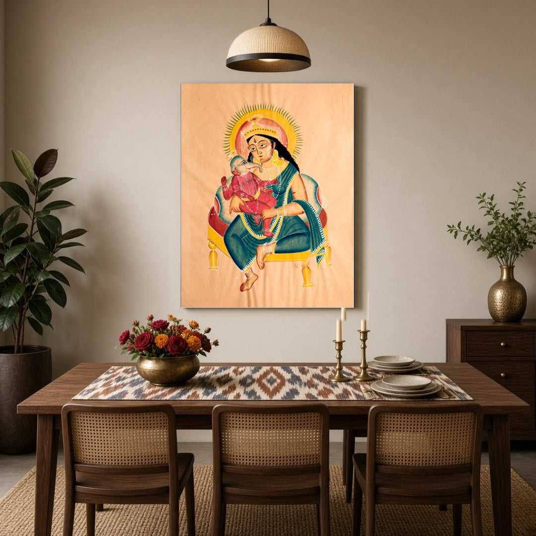 Celebrate the divine bond of motherhood with this exquisite Kalighat painting featuring Goddess for Dining