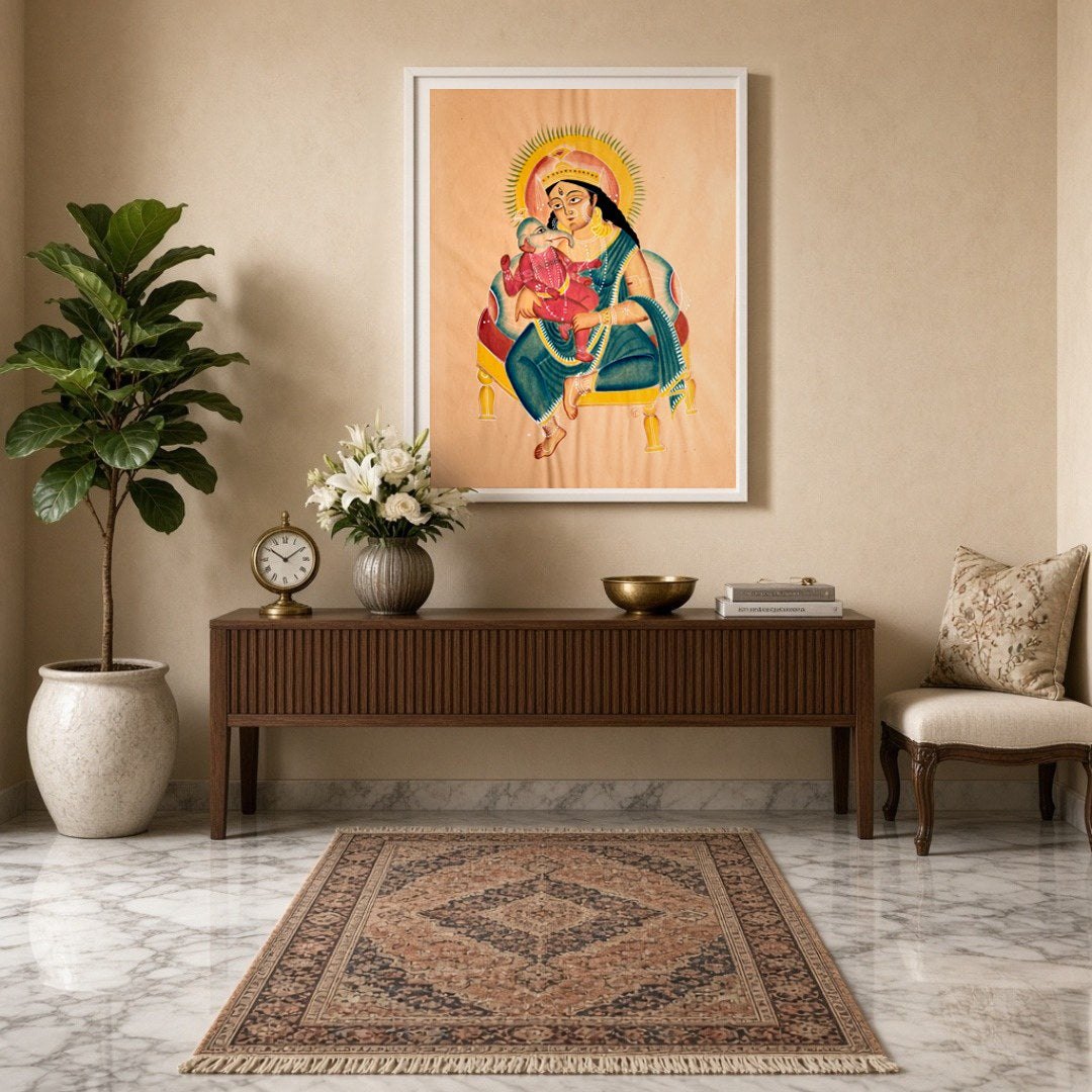 Celebrate the divine bond of motherhood with this exquisite Kalighat painting featuring Goddess for Entrance