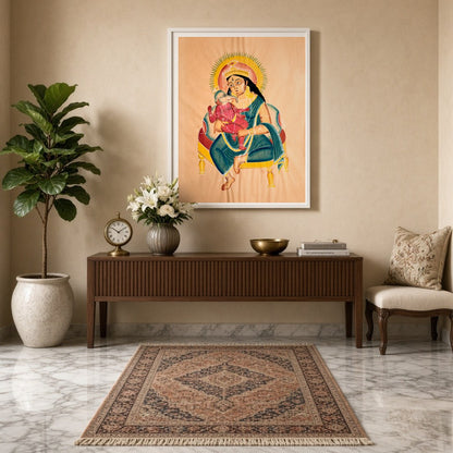 Celebrate the divine bond of motherhood with this exquisite Kalighat painting featuring Goddess for Entrance