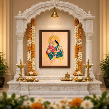Celebrate the divine bond of motherhood with this exquisite Kalighat painting featuring Goddess for Home Temple