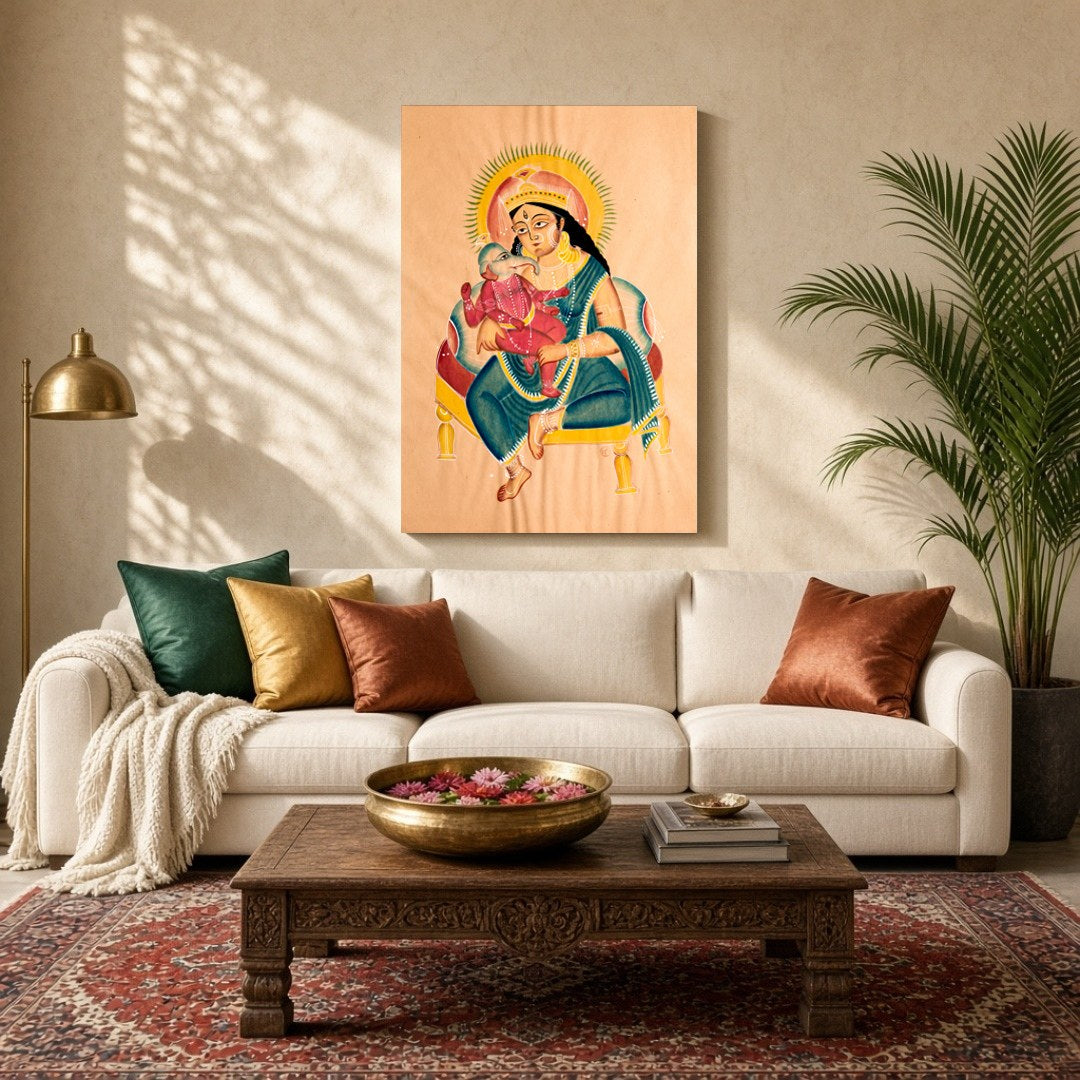 Celebrate the divine bond of motherhood with this exquisite Kalighat painting featuring Goddess for Living Room