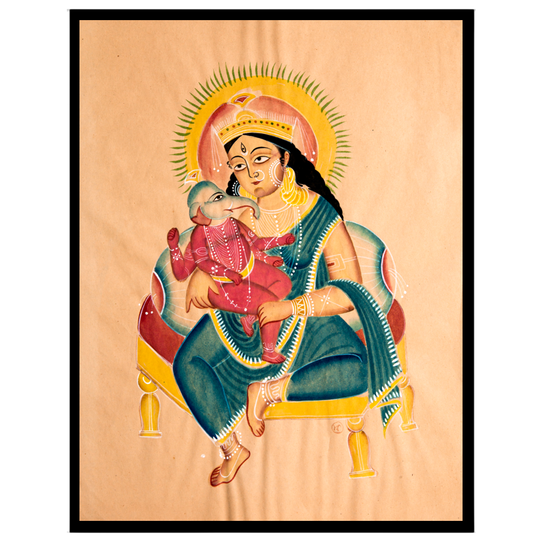 Celebrate the divine bond of motherhood with this exquisite Kalighat painting featuring Goddess for residence