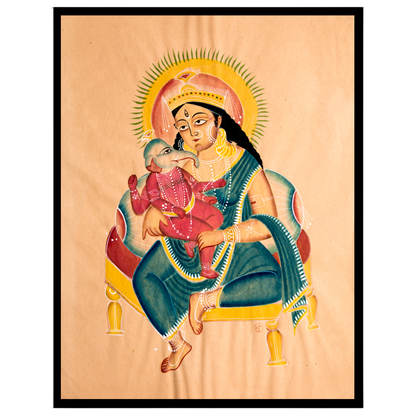 Celebrate the divine bond of motherhood with this exquisite Kalighat painting featuring Goddess for residence