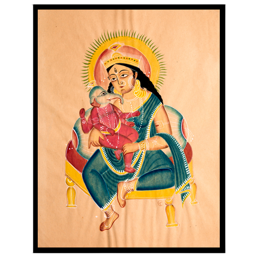 Celebrate the divine bond of motherhood with this exquisite Kalighat painting featuring Goddess for residence