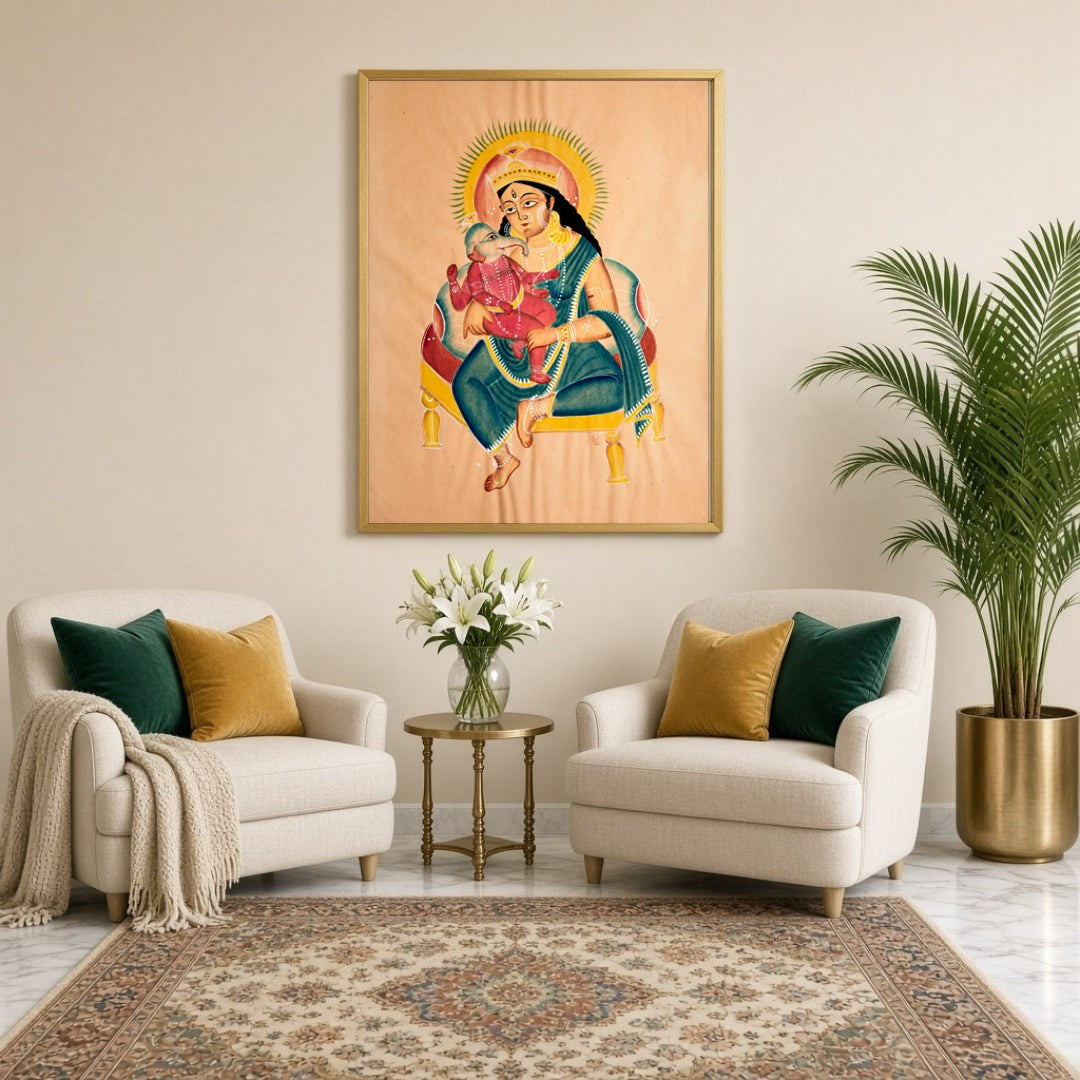 Celebrate the divine bond of motherhood with this exquisite Kalighat painting featuring Goddess for Sitting Lounge