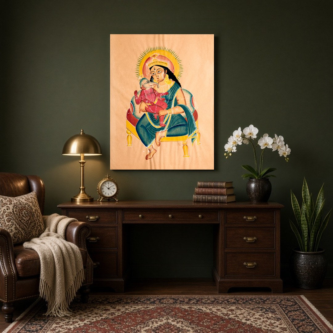 Celebrate the divine bond of motherhood with this exquisite Kalighat painting featuring Goddess for Study