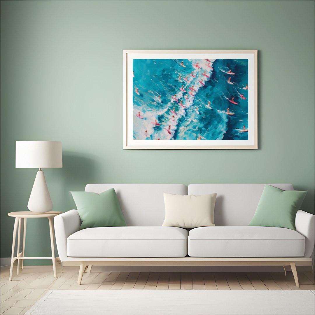Dive into the vibrant energy of the ocean with this dynamic artwork capturing an aerial view of for Hall
