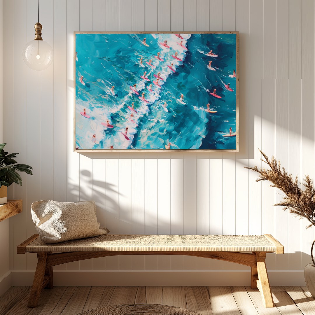 Dive into the vibrant energy of the ocean with this dynamic artwork capturing an aerial view of for Hallway