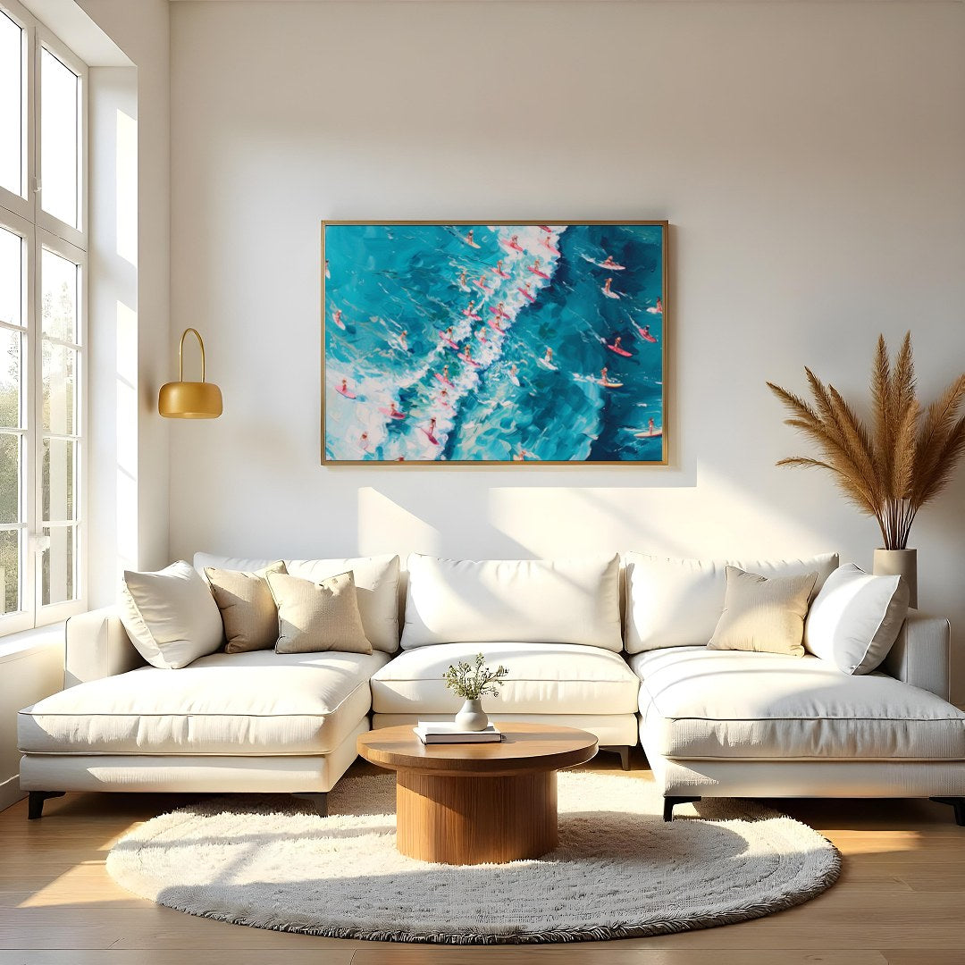 Dive into the vibrant energy of the ocean with this dynamic artwork capturing an aerial view of for Living Room