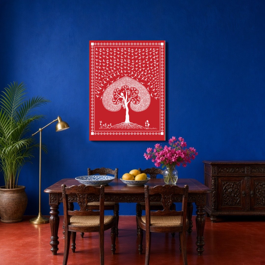 This captivating Warli art piece beautifully illustrates the eternal dance of life beneath a sacred for Dining