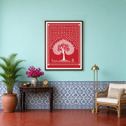 This captivating Warli art piece beautifully illustrates the eternal dance of life beneath a sacred for Entrance