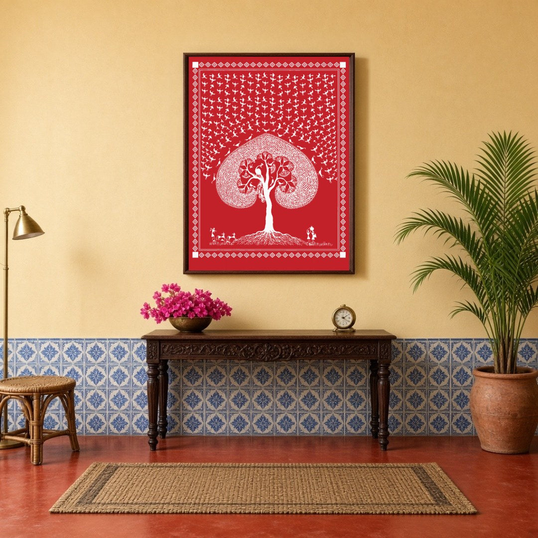 This captivating Warli art piece beautifully illustrates the eternal dance of life beneath a sacred for Hallway