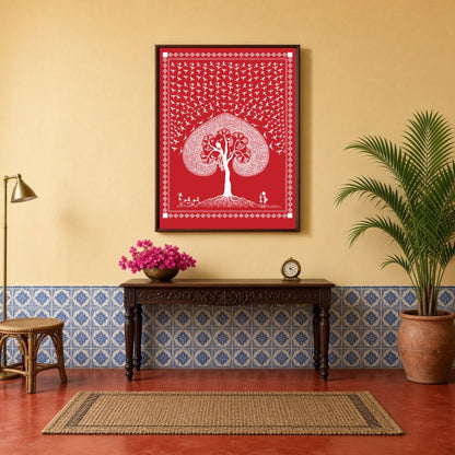 This captivating Warli art piece beautifully illustrates the eternal dance of life beneath a sacred for Hallway