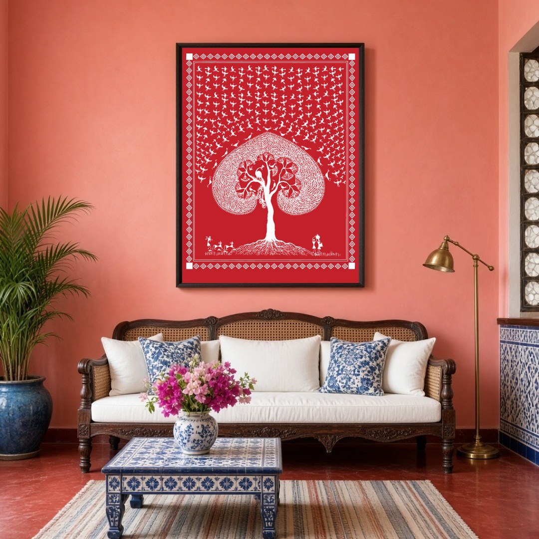 This captivating Warli art piece beautifully illustrates the eternal dance of life beneath a sacred for Living Room
