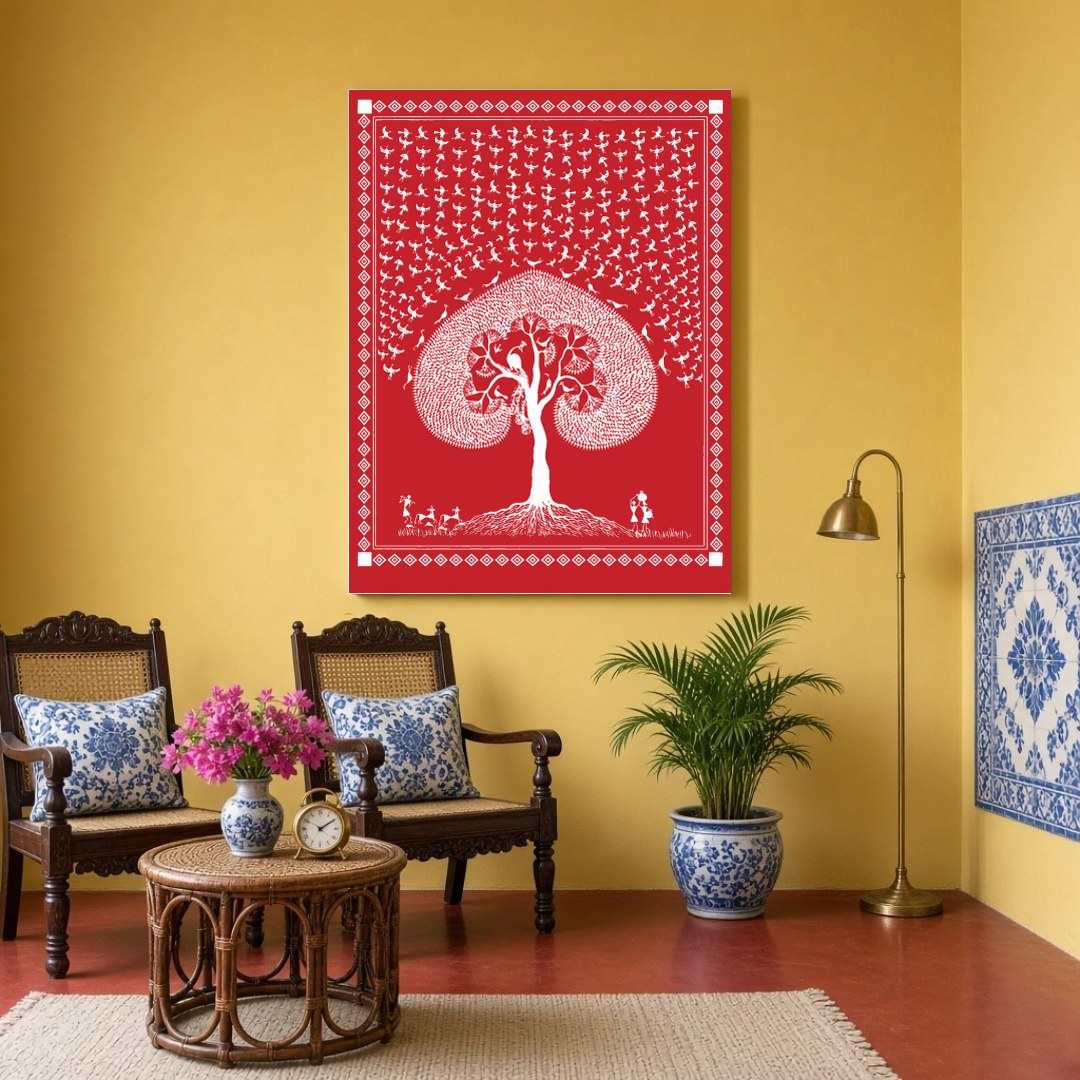 This captivating Warli art piece beautifully illustrates the eternal dance of life beneath a sacred for Sitting Area