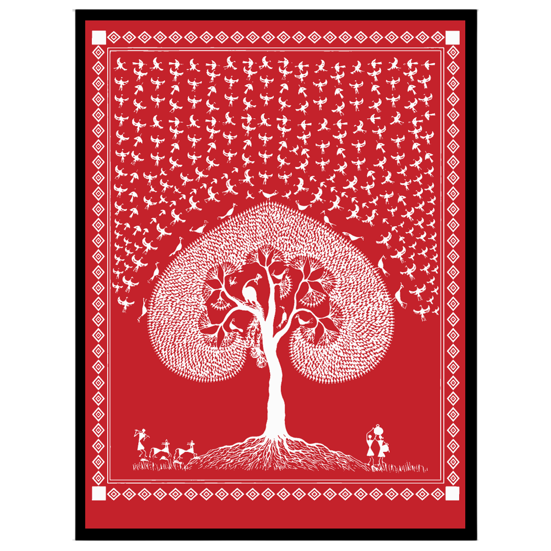 This captivating Warli art piece beautifully illustrates the eternal dance of life beneath a sacred for studio