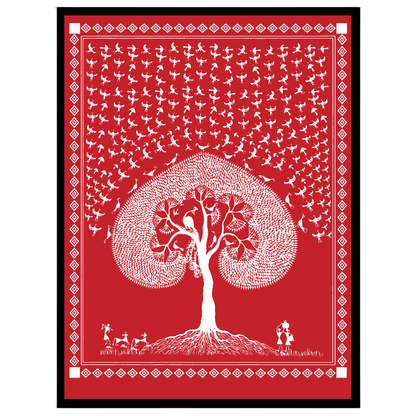 This captivating Warli art piece beautifully illustrates the eternal dance of life beneath a sacred for studio