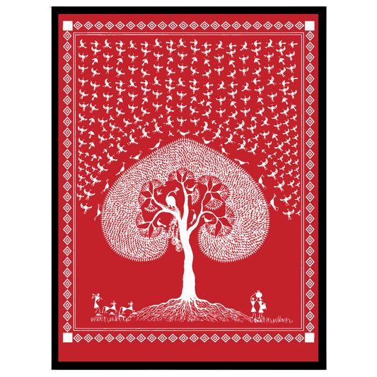 This captivating Warli art piece beautifully illustrates the eternal dance of life beneath a sacred for studio