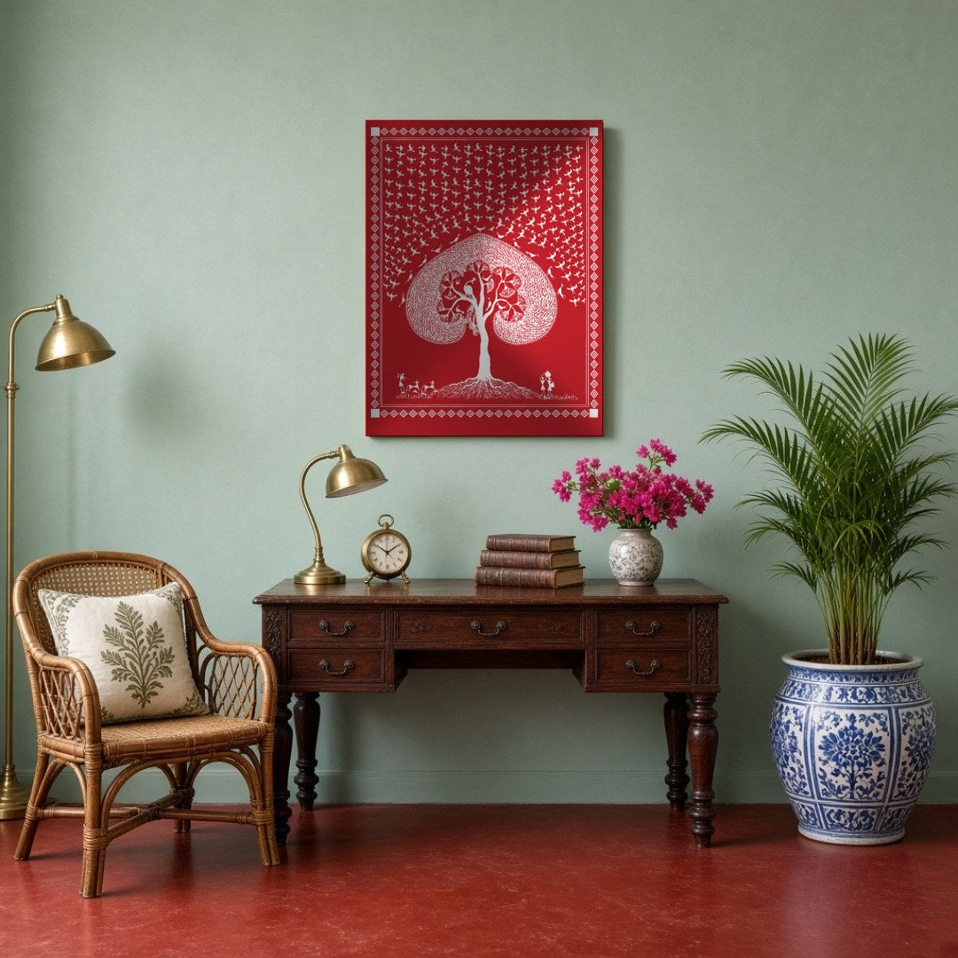 This captivating Warli art piece beautifully illustrates the eternal dance of life beneath a sacred for Study