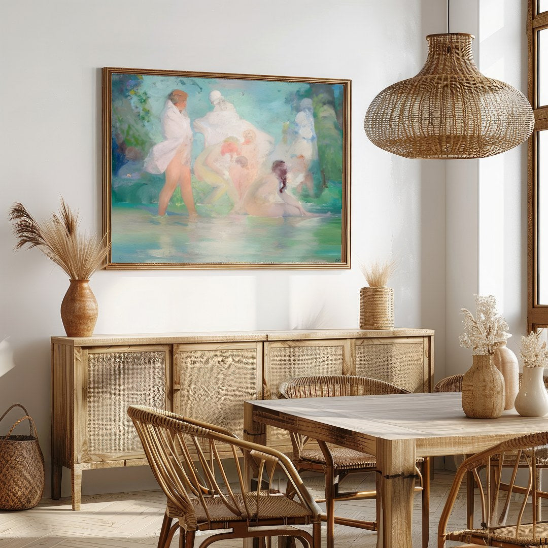 Experience the serene beauty of a tranquil, dreamlike scene with 'Ethereal Bathers in a Dreamlike for Dining