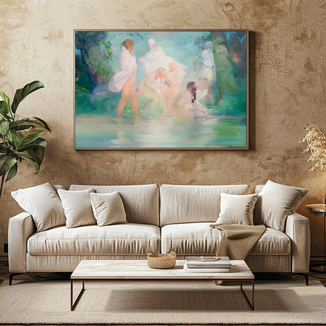 Experience the serene beauty of a tranquil, dreamlike scene with 'Ethereal Bathers in a Dreamlike for Family Room