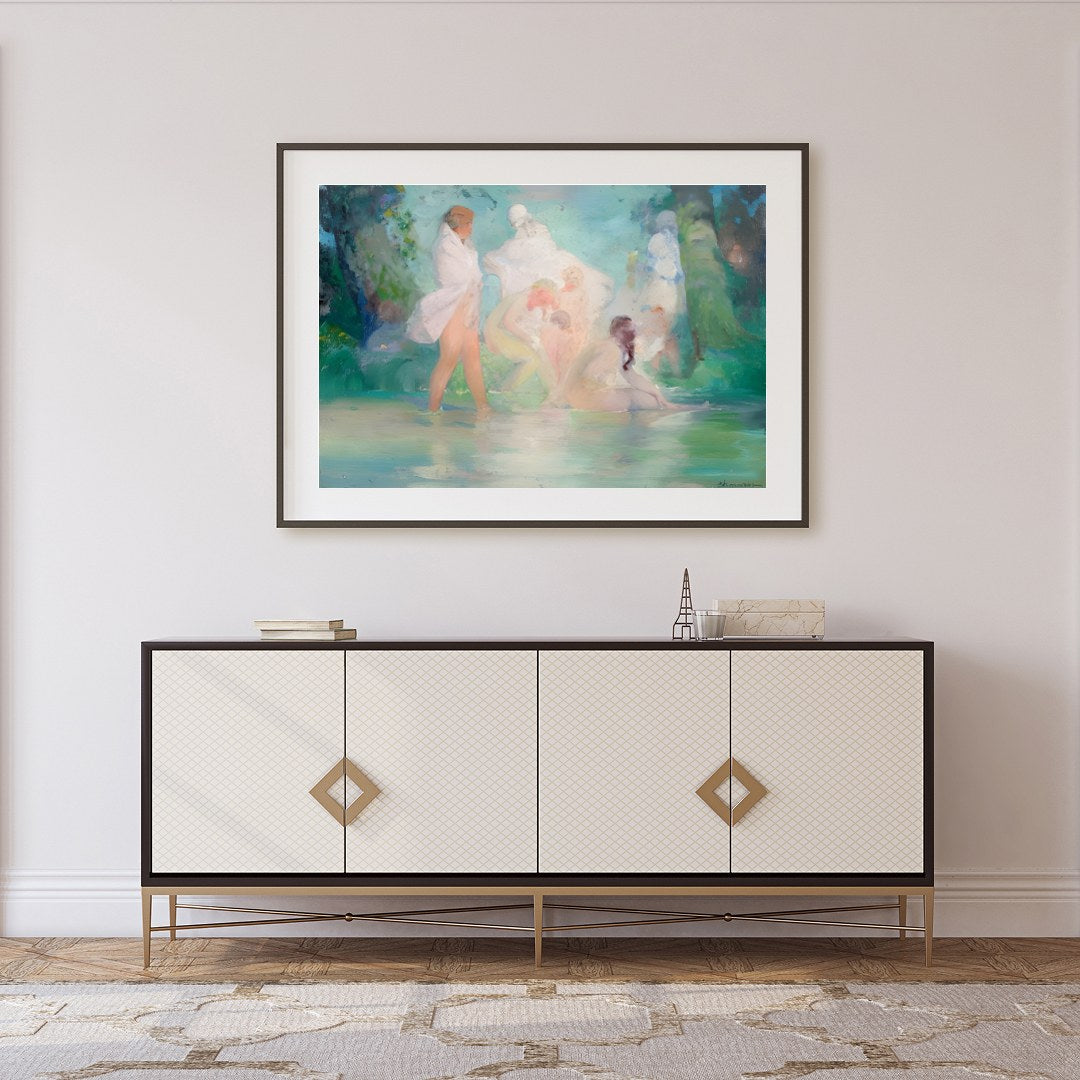 Experience the serene beauty of a tranquil, dreamlike scene with 'Ethereal Bathers in a Dreamlike for Foyer