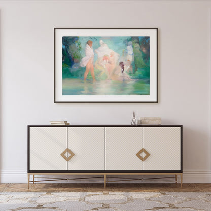 Experience the serene beauty of a tranquil, dreamlike scene with 'Ethereal Bathers in a Dreamlike for Foyer