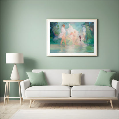 Experience the serene beauty of a tranquil, dreamlike scene with 'Ethereal Bathers in a Dreamlike for Hall