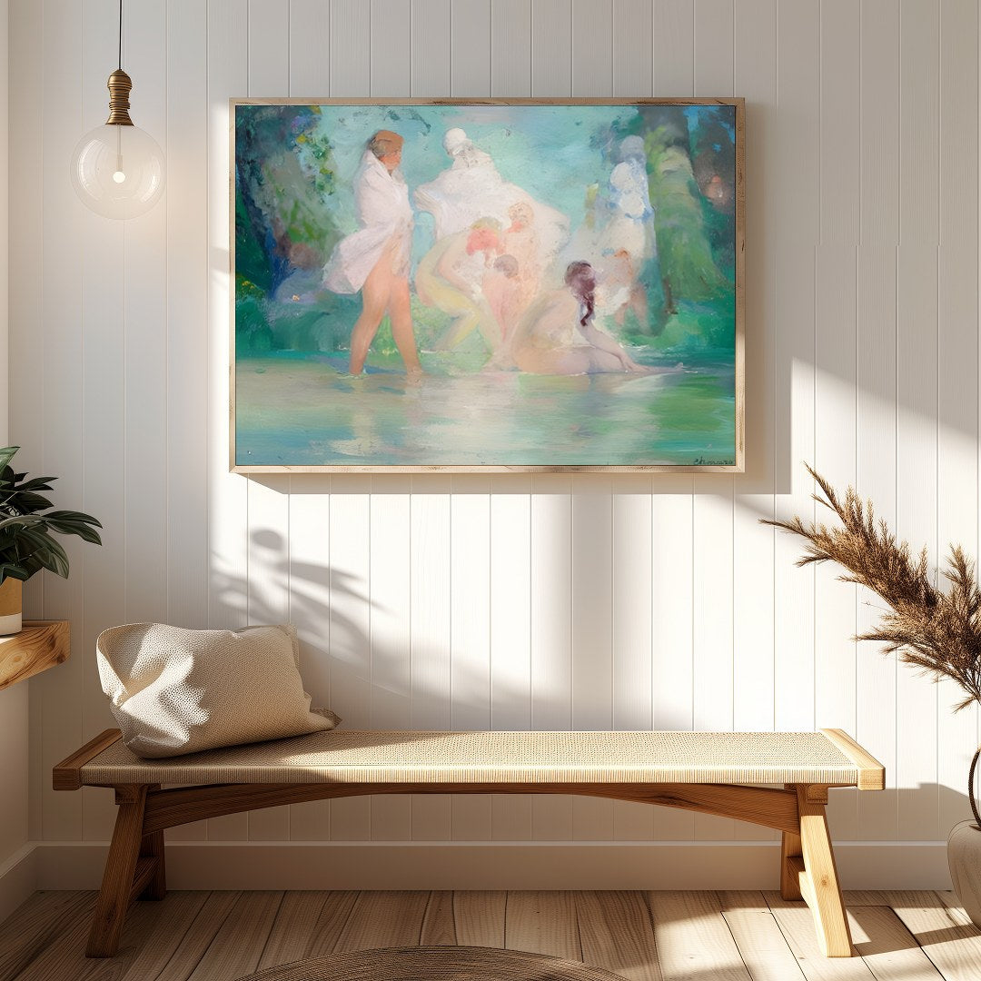 Experience the serene beauty of a tranquil, dreamlike scene with 'Ethereal Bathers in a Dreamlike for Hallway
