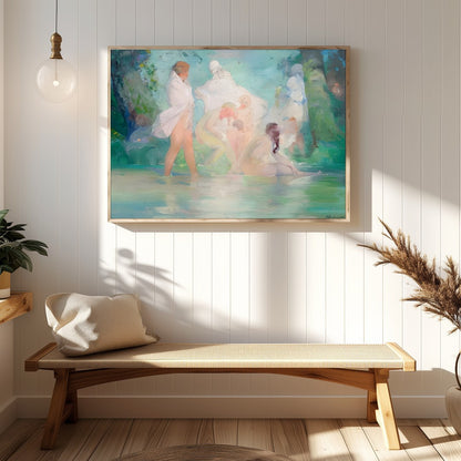 Experience the serene beauty of a tranquil, dreamlike scene with 'Ethereal Bathers in a Dreamlike for Hallway