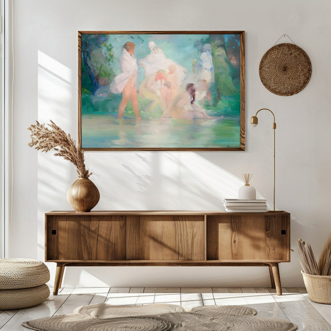 Experience the serene beauty of a tranquil, dreamlike scene with 'Ethereal Bathers in a Dreamlike for Sitting Area
