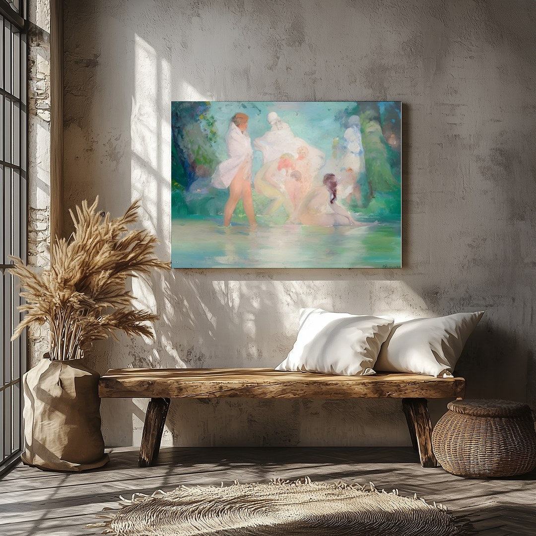 Experience the serene beauty of a tranquil, dreamlike scene with 'Ethereal Bathers in a Dreamlike for Veranda